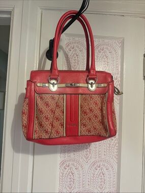 Guess Red Logo-Accent Satchel with Beige Monogram